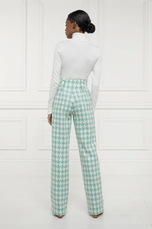 Women High Waisted Straight Trouser Large Scale Teal Houndstooth Holland Cooper Tailoring Women High Waisted Straight Trouser Large Scale Teal Houndstooth Holland Cooper Tailoring
