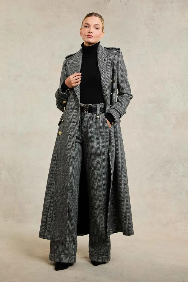 Women High Waisted Wide Leg Trouser Wide Tooth Black Herringbone Holland Cooper Tailoring Women High Waisted Wide Leg Trouser Wide Tooth Black Herringbone Holland Cooper Tailoring