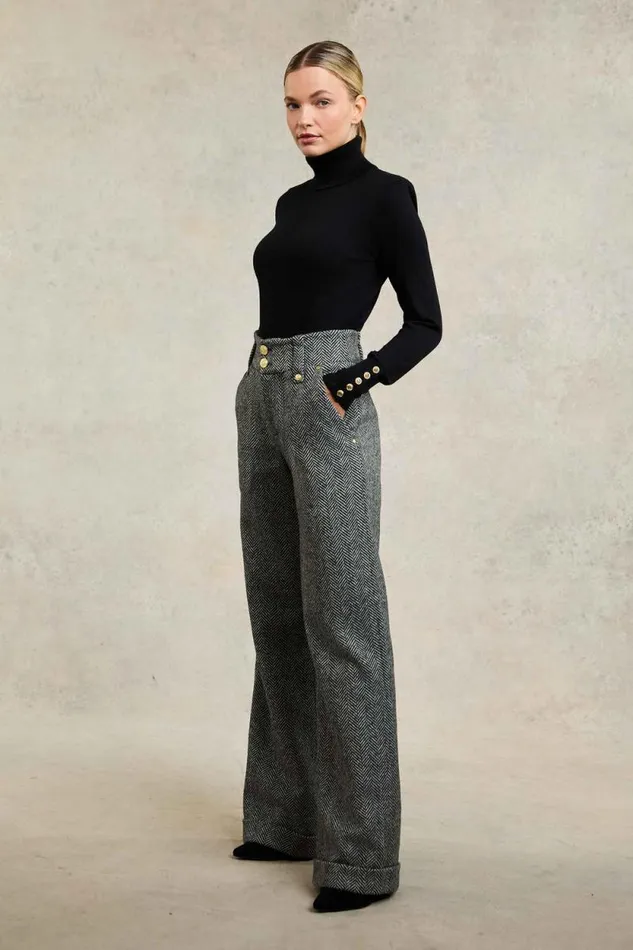 Women High Waisted Wide Leg Trouser Wide Tooth Black Herringbone Holland Cooper Tailoring Women High Waisted Wide Leg Trouser Wide Tooth Black Herringbone Holland Cooper Tailoring