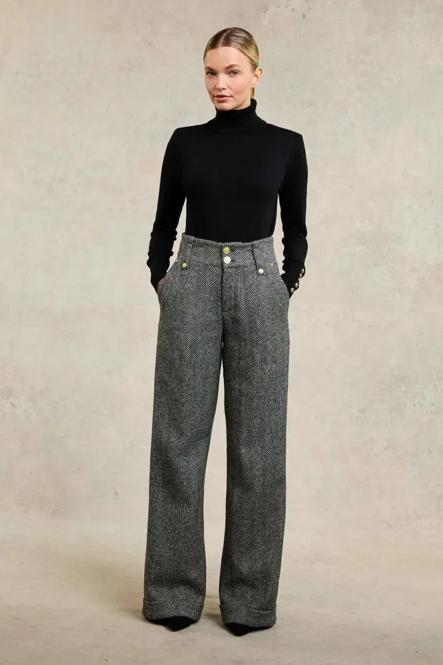Women High Waisted Wide Leg Trouser Wide Tooth Black Herringbone Holland Cooper Tailoring Women High Waisted Wide Leg Trouser Wide Tooth Black Herringbone Holland Cooper Tailoring