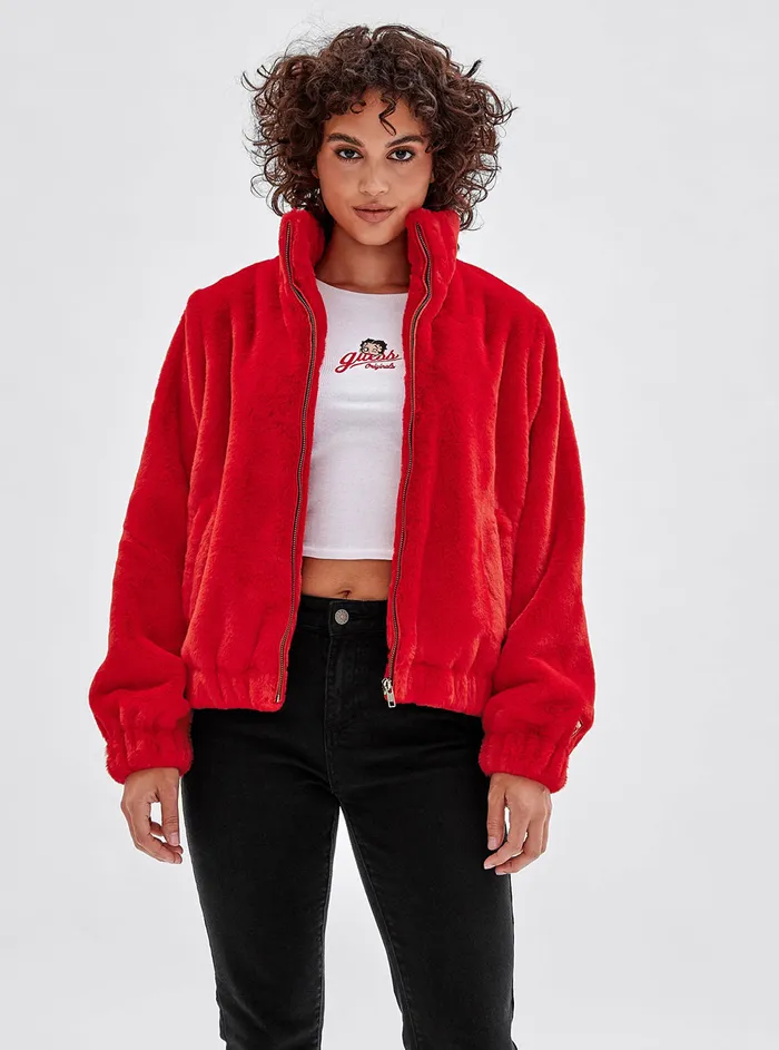 Women Jackets and Coats GUESS Guess Originals X Betty Boop Red Faux Fur Jacket