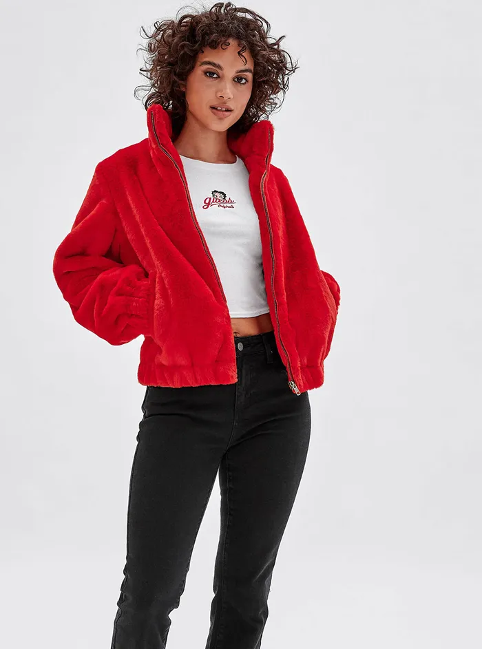 Women Jackets and Coats GUESS Guess Originals X Betty Boop Red Faux Fur Jacket Women Jackets and Coats GUESS Guess Originals X Betty Boop Red Faux Fur Jacket