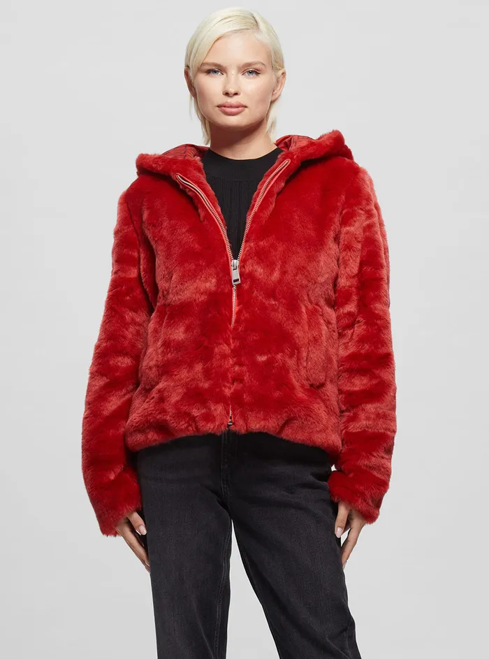 Women Jackets and Coats GUESS Red Dalila Faux Fur Jacket