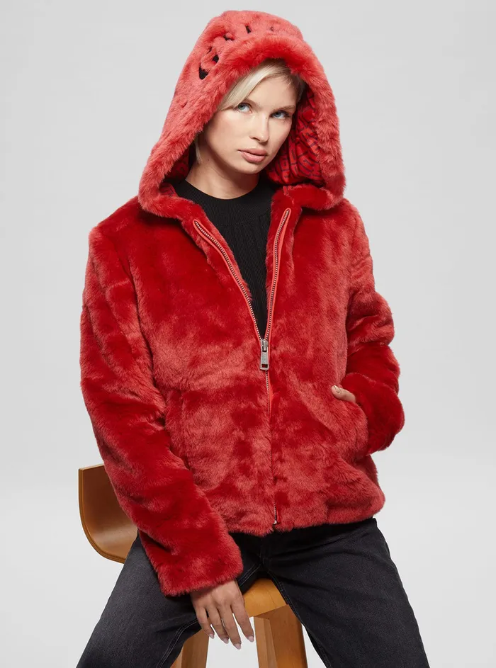 Women Jackets and Coats GUESS Red Dalila Faux Fur Jacket Women Jackets and Coats GUESS Red Dalila Faux Fur Jacket