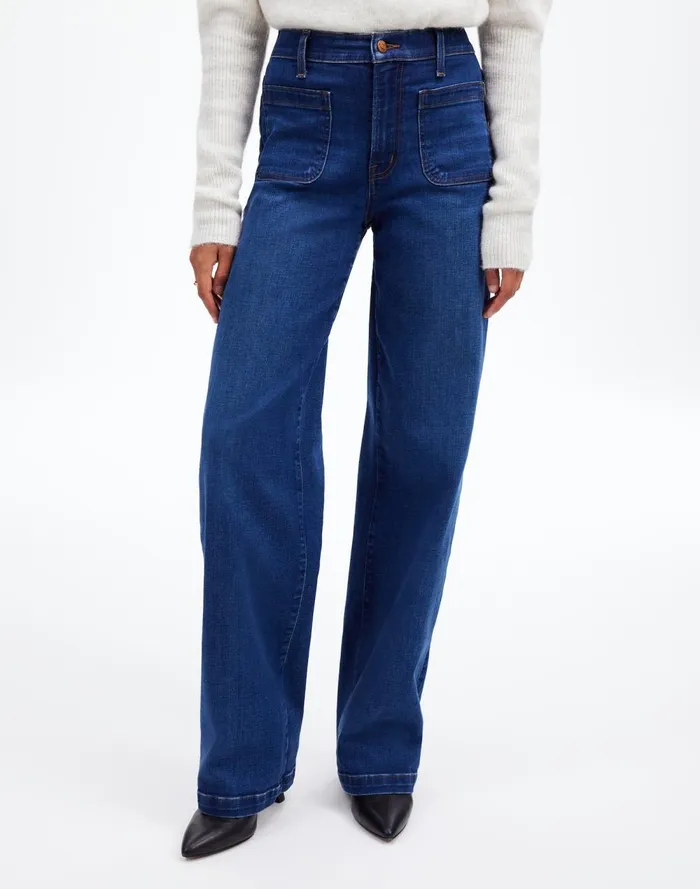 Women Jeans Madewell The Emmett WideLeg Full Length Jean Patch Pocket Edition Allentown Wash