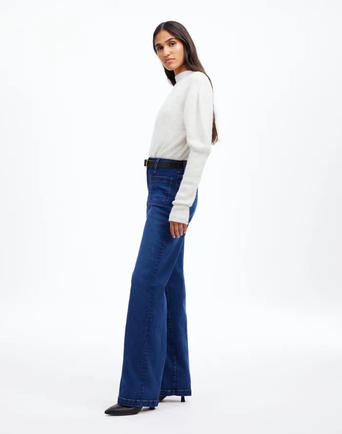 Women Jeans Madewell The Emmett WideLeg Full Length Jean Patch Pocket Edition Allentown Wash
