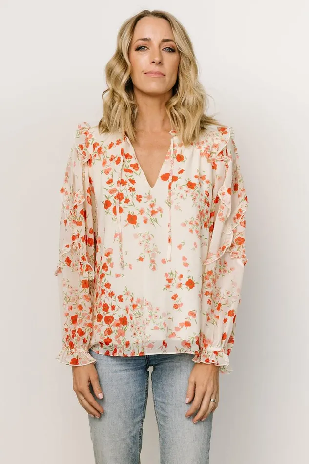 Women Karlie Long Sleeve Ruffle Top Ivory Red Multi Baltic Born Blouses and Shirts