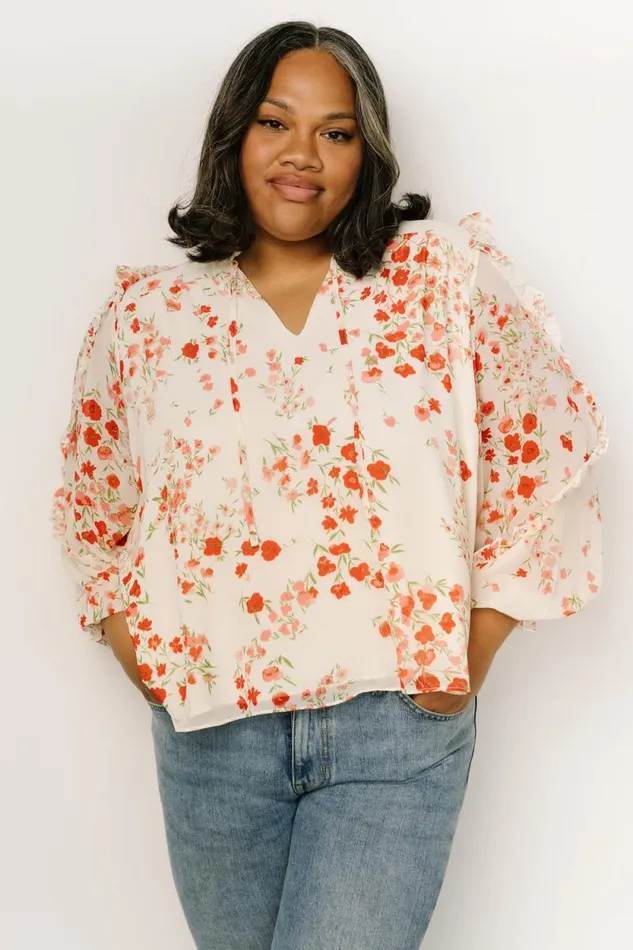 Women Karlie Long Sleeve Ruffle Top Ivory Red Multi Baltic Born Blouses and Shirts Women Karlie Long Sleeve Ruffle Top Ivory Red Multi Baltic Born Blouses and Shirts