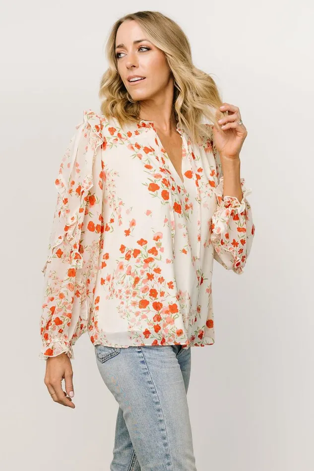Women Karlie Long Sleeve Ruffle Top Ivory Red Multi Baltic Born Blouses and Shirts Women Karlie Long Sleeve Ruffle Top Ivory Red Multi Baltic Born Blouses and Shirts