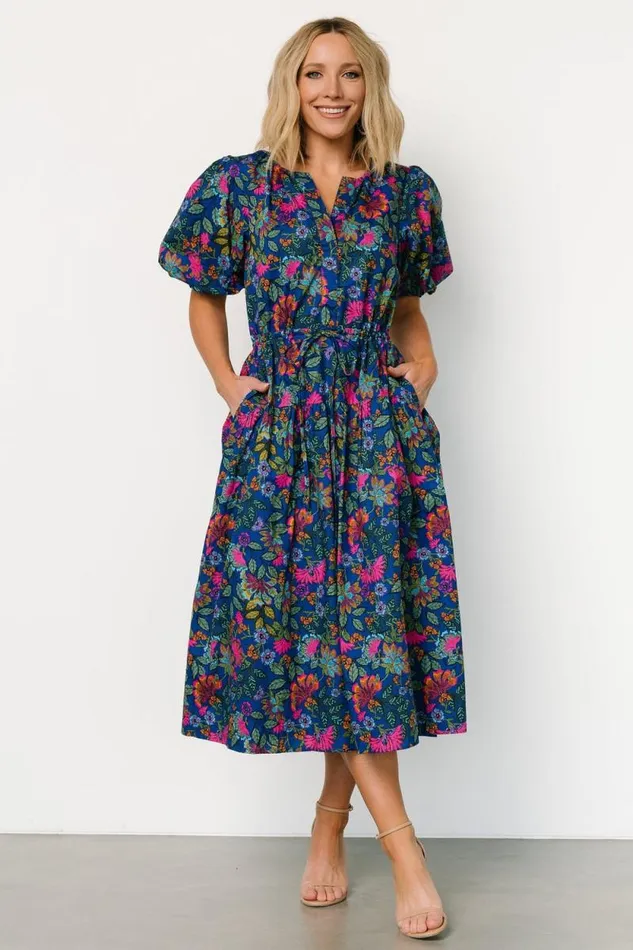 Women Karol Puff Sleeve Midi Dress Blue Multi Baltic Born Midi Dresses