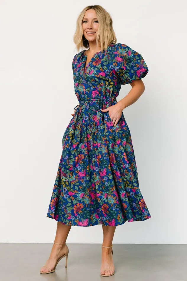 Women Karol Puff Sleeve Midi Dress Blue Multi Baltic Born Midi Dresses