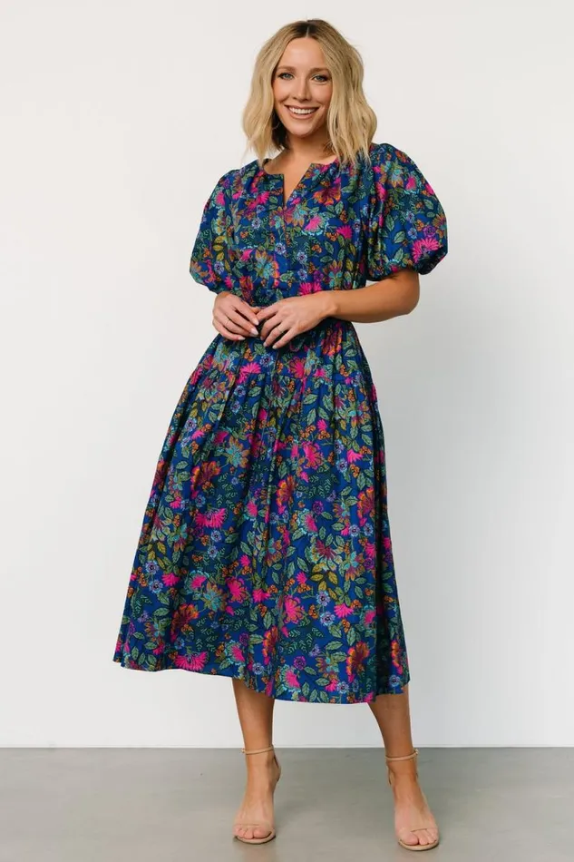 Women Karol Puff Sleeve Midi Dress Blue Multi Baltic Born Midi Dresses