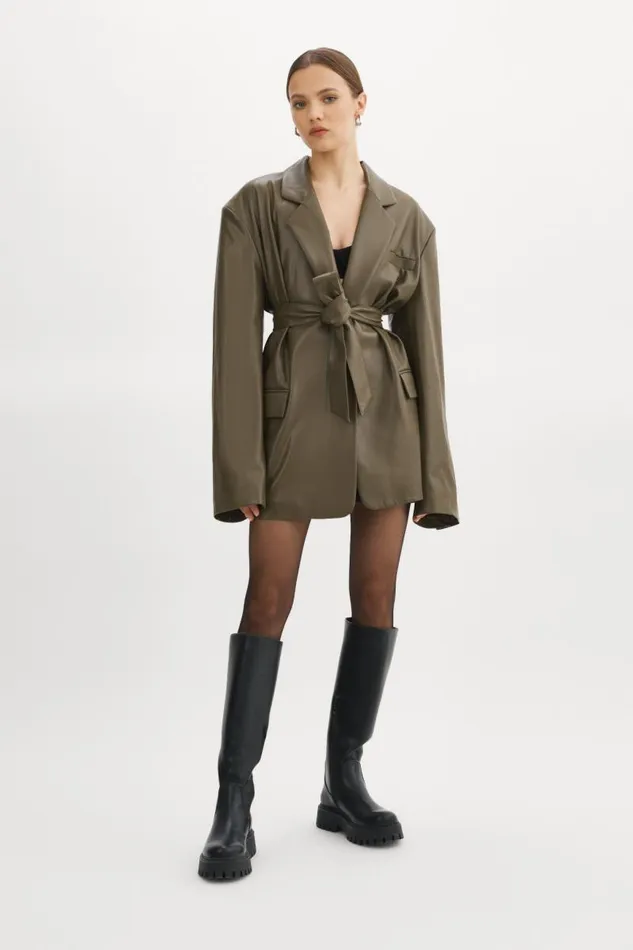 Women Kassandra Faux Leather Oversized Blazer Khaki LAMARQUE Dresses