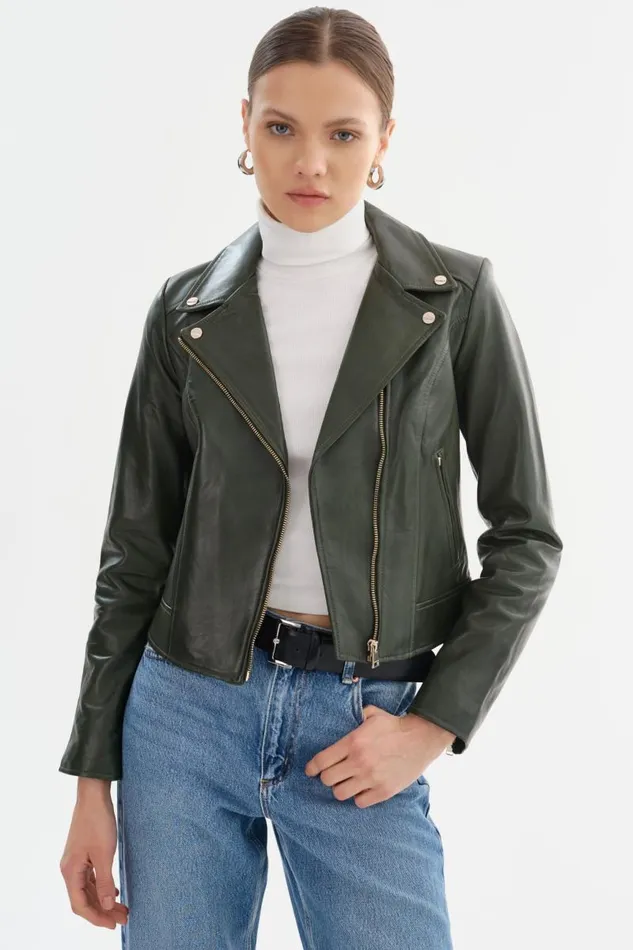Women KELSEY Biker Leather Jacket Champagne Hardware Dark Olive LAMARQUE Leather Jackets