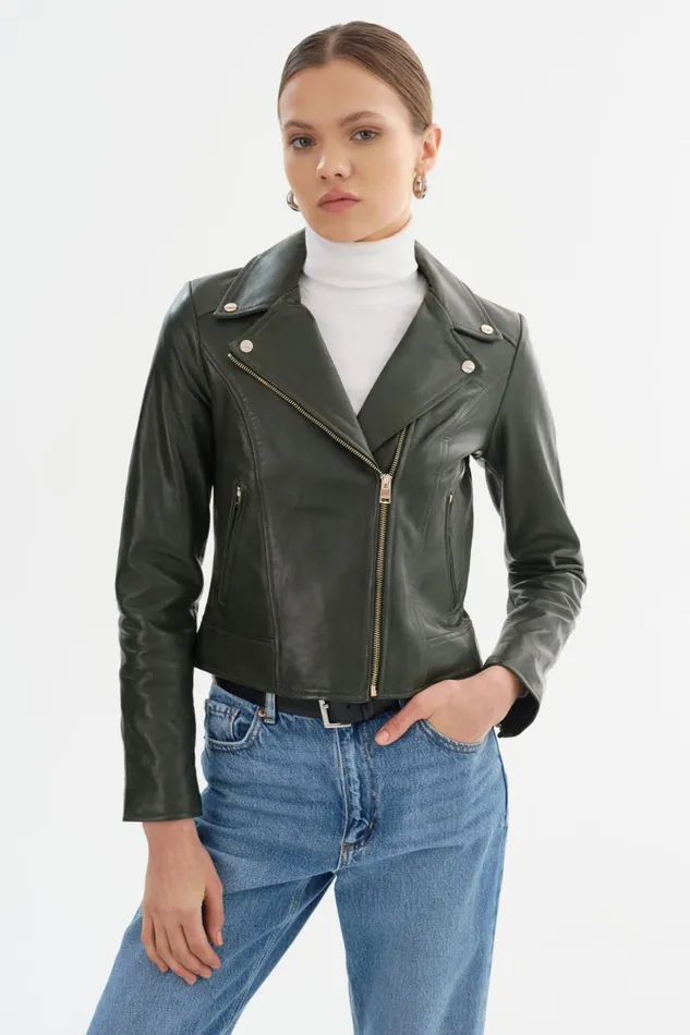 Women KELSEY Biker Leather Jacket Champagne Hardware Dark Olive LAMARQUE Leather Jackets Women KELSEY Biker Leather Jacket Champagne Hardware Dark Olive LAMARQUE Leather Jackets