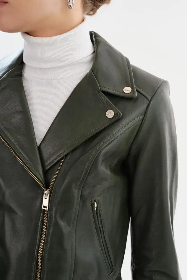 Women KELSEY Biker Leather Jacket Champagne Hardware Dark Olive LAMARQUE Leather Jackets Women KELSEY Biker Leather Jacket Champagne Hardware Dark Olive LAMARQUE Leather Jackets