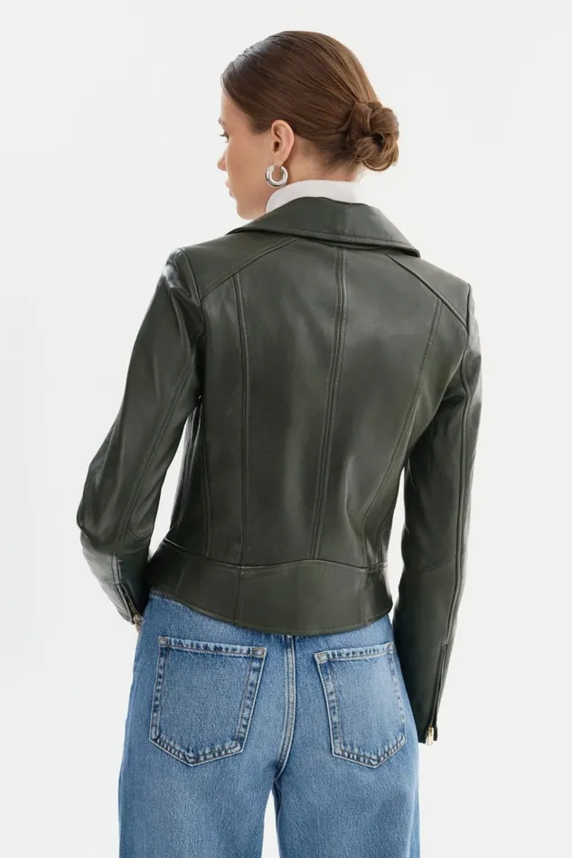 Women KELSEY Biker Leather Jacket Champagne Hardware Dark Olive LAMARQUE Leather Jackets Women KELSEY Biker Leather Jacket Champagne Hardware Dark Olive LAMARQUE Leather Jackets
