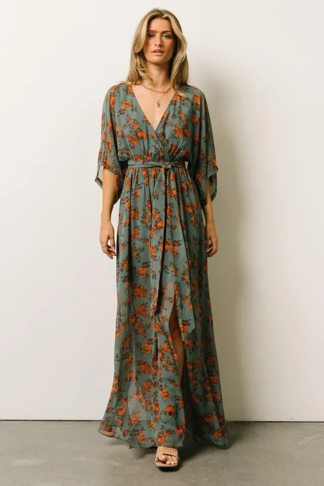 Women Kia Kimono Maxi Dress Dusty Blue Floral Baltic Born Bump Friendly
