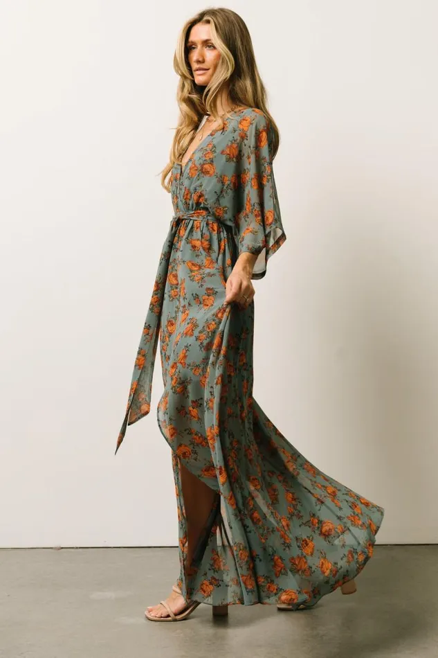 Women Kia Kimono Maxi Dress Dusty Blue Floral Baltic Born Bump Friendly Women Kia Kimono Maxi Dress Dusty Blue Floral Baltic Born Bump Friendly