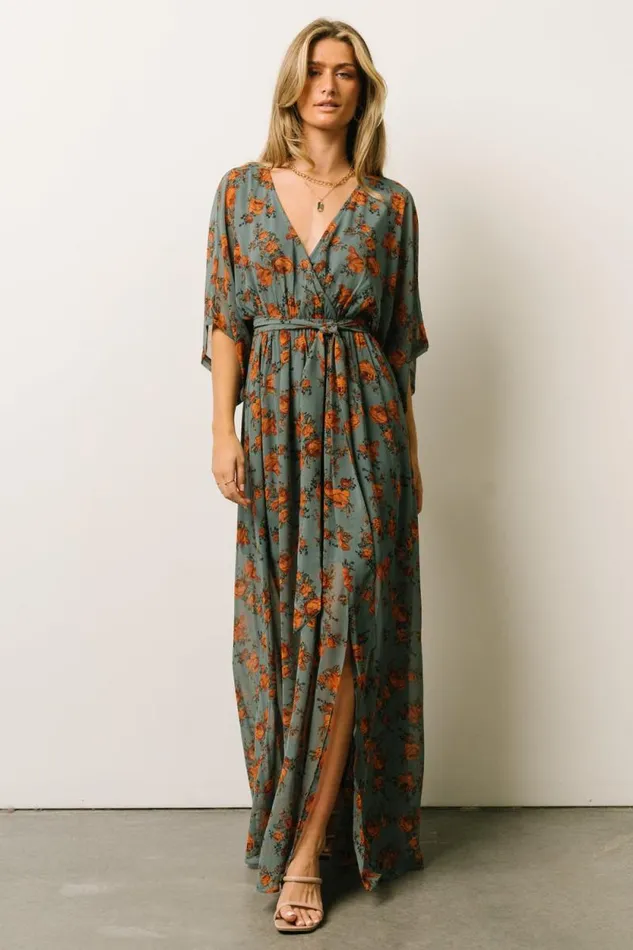 Women Kia Kimono Maxi Dress Dusty Blue Floral Baltic Born Bump Friendly Women Kia Kimono Maxi Dress Dusty Blue Floral Baltic Born Bump Friendly