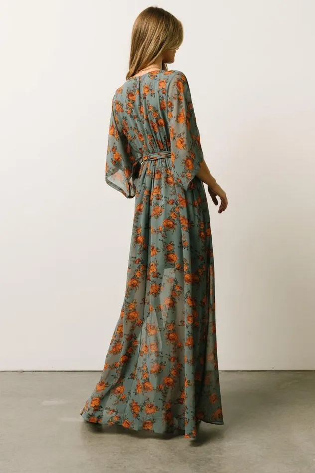 Women Kia Kimono Maxi Dress Dusty Blue Floral Baltic Born Bump Friendly Women Kia Kimono Maxi Dress Dusty Blue Floral Baltic Born Bump Friendly