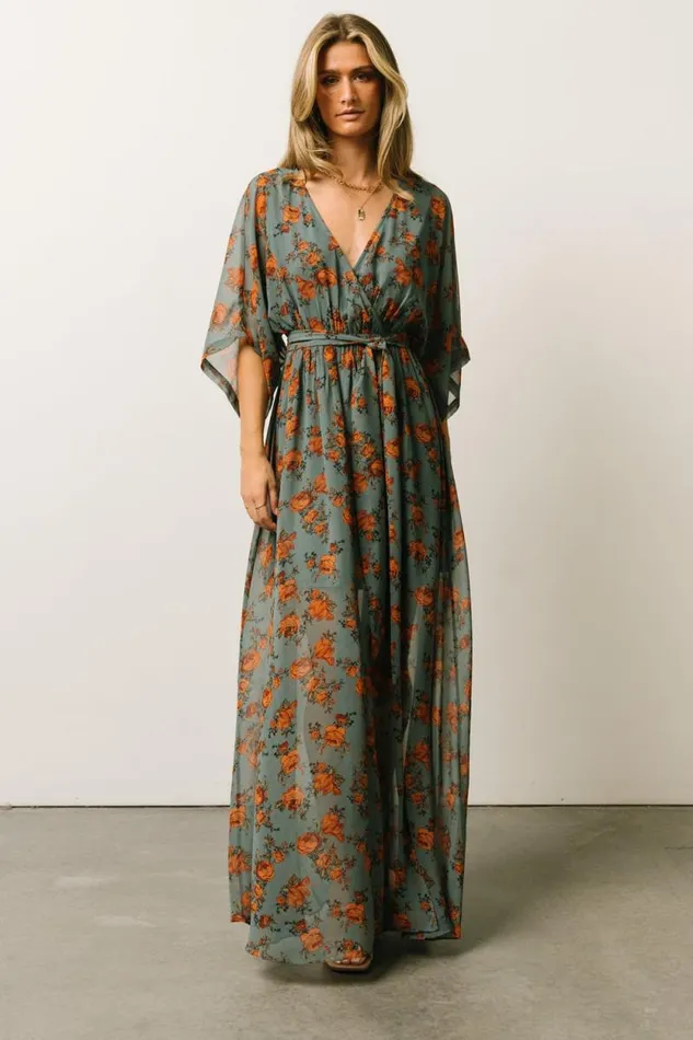 Women Kia Kimono Maxi Dress Dusty Blue Floral Baltic Born Bump Friendly Women Kia Kimono Maxi Dress Dusty Blue Floral Baltic Born Bump Friendly