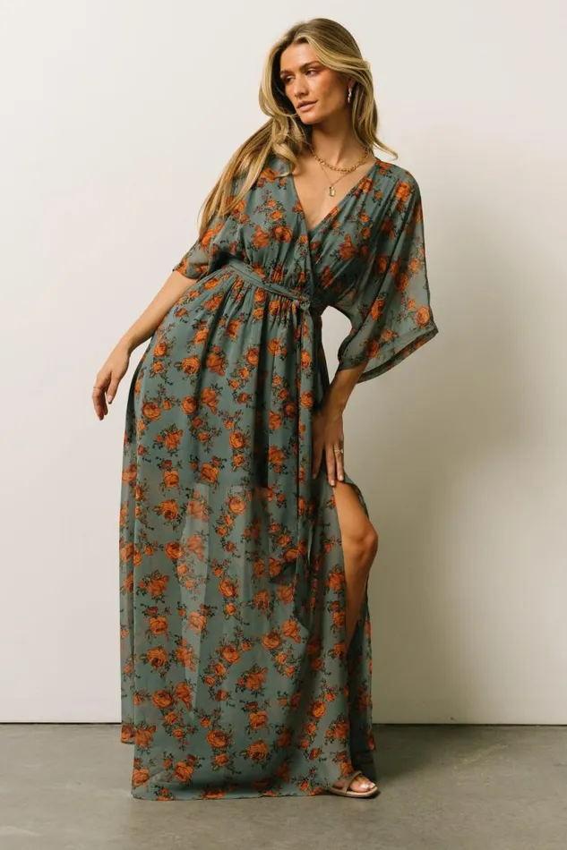 Women Kia Kimono Maxi Dress Dusty Blue Floral Baltic Born Bump Friendly Women Kia Kimono Maxi Dress Dusty Blue Floral Baltic Born Bump Friendly