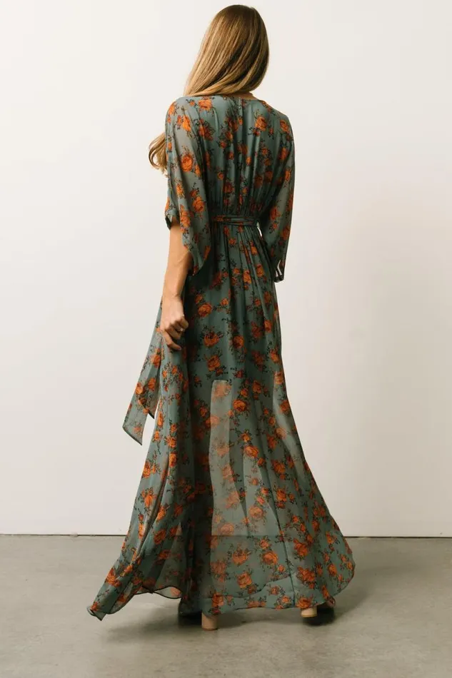 Women Kia Kimono Maxi Dress Dusty Blue Floral Baltic Born Bump Friendly Women Kia Kimono Maxi Dress Dusty Blue Floral Baltic Born Bump Friendly