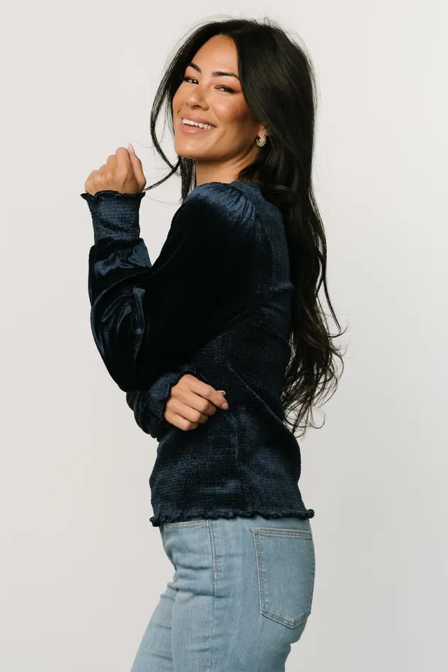 Women Kyler Smocked Velvet Top Navy Baltic Born Blouses and Shirts Women Kyler Smocked Velvet Top Navy Baltic Born Blouses and Shirts