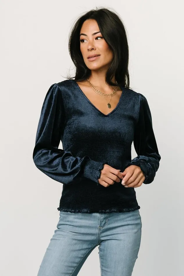 Women Kyler Smocked Velvet Top Navy Baltic Born Blouses and Shirts Women Kyler Smocked Velvet Top Navy Baltic Born Blouses and Shirts