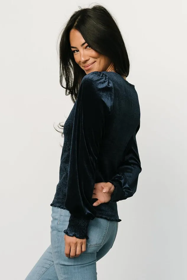 Women Kyler Smocked Velvet Top Navy Baltic Born Blouses and Shirts Women Kyler Smocked Velvet Top Navy Baltic Born Blouses and Shirts