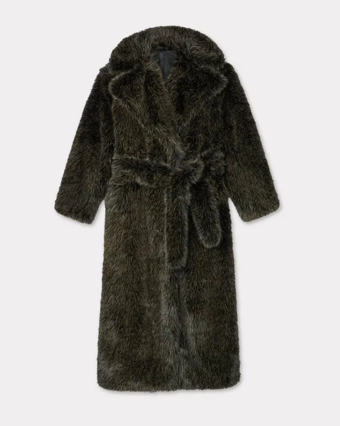 Women Long Fake Fur Belted Coat Dark Brown Kenzo Jackets And Coats