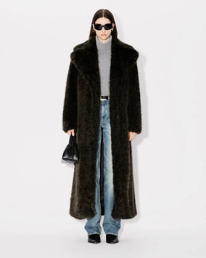 Women Long Fake Fur Belted Coat Dark Brown Kenzo Jackets And Coats