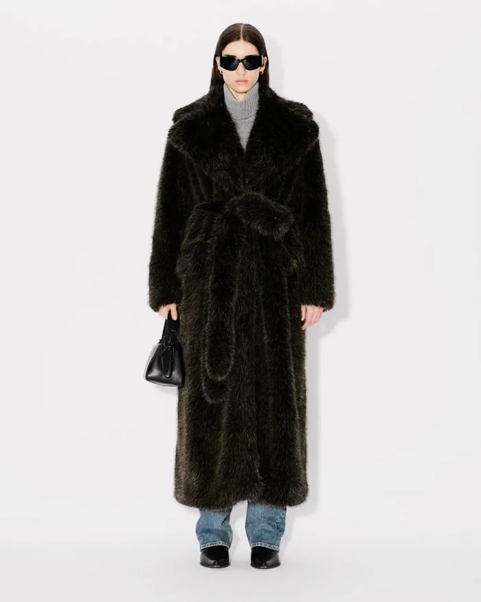 Women Long Fake Fur Belted Coat Dark Brown Kenzo Jackets And Coats