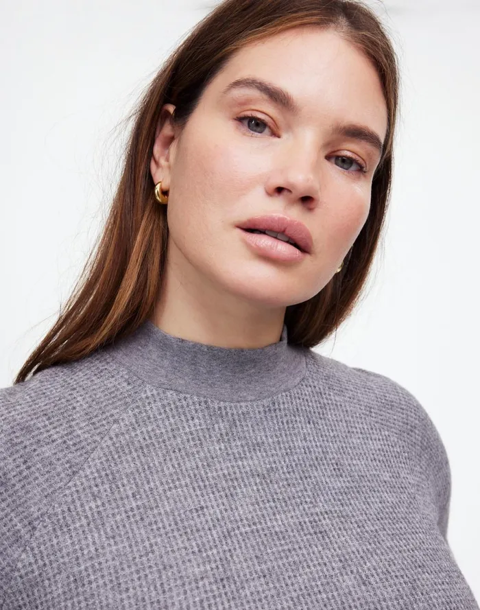 Women Loungewear Madewell Plus WaffleKnit LongSleeve Crewneck Tee Hthr Charcoal