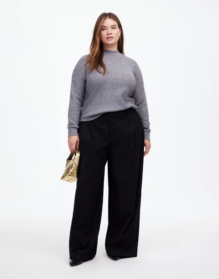 Women Loungewear Madewell Plus WaffleKnit LongSleeve Crewneck Tee Hthr Charcoal