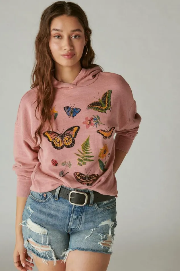 Women Lucky Brand Activewear Butterfly Floral Motif Pullover Antler