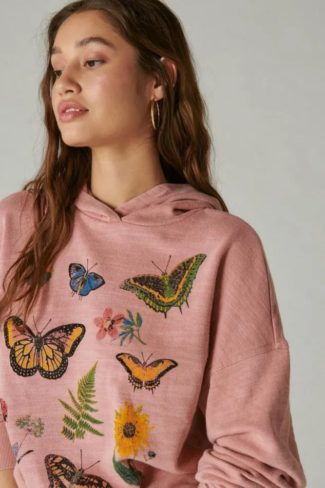 Women Lucky Brand Activewear Butterfly Floral Motif Pullover Antler