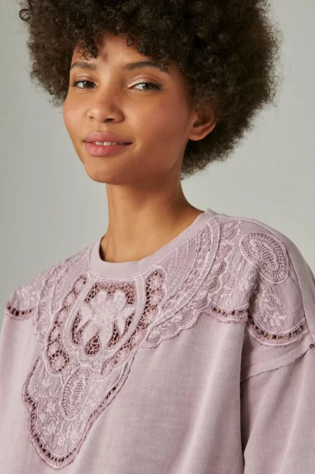 Women Lucky Brand Activewear Schiffley Cutwork Pullover Dawn Pink