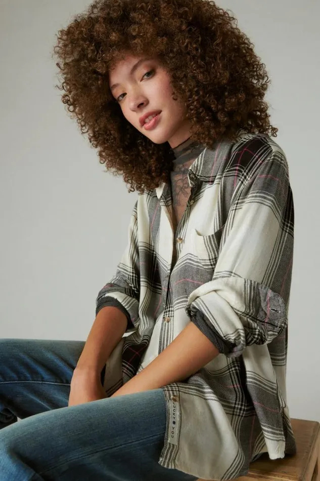 Women Lucky Brand All Tops Cloud Plaid Boyfriend Flannel Shirt Black Cream Plaid