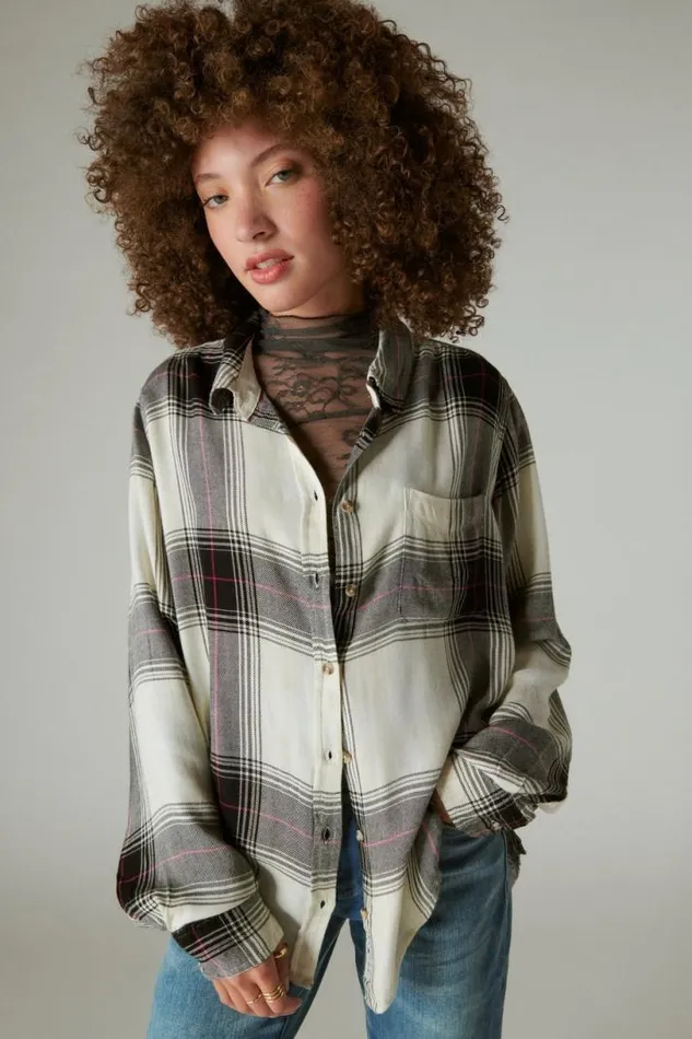 Women Lucky Brand All Tops Cloud Plaid Boyfriend Flannel Shirt Black Cream Plaid