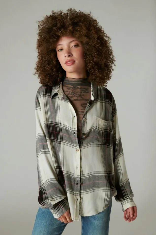 Women Lucky Brand All Tops Cloud Plaid Boyfriend Flannel Shirt Black Cream Plaid