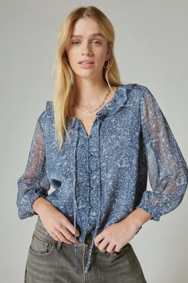 Women Lucky Brand All Tops Printed Chiffon Blouse Blue Multi