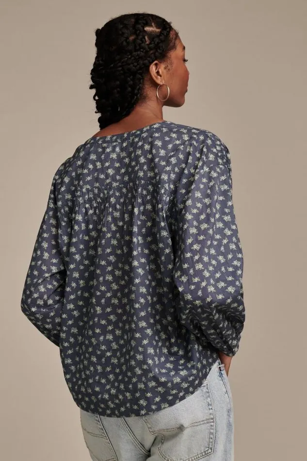 Women Lucky Brand All Tops Printed Smocked Detail Blouse Navy Multi