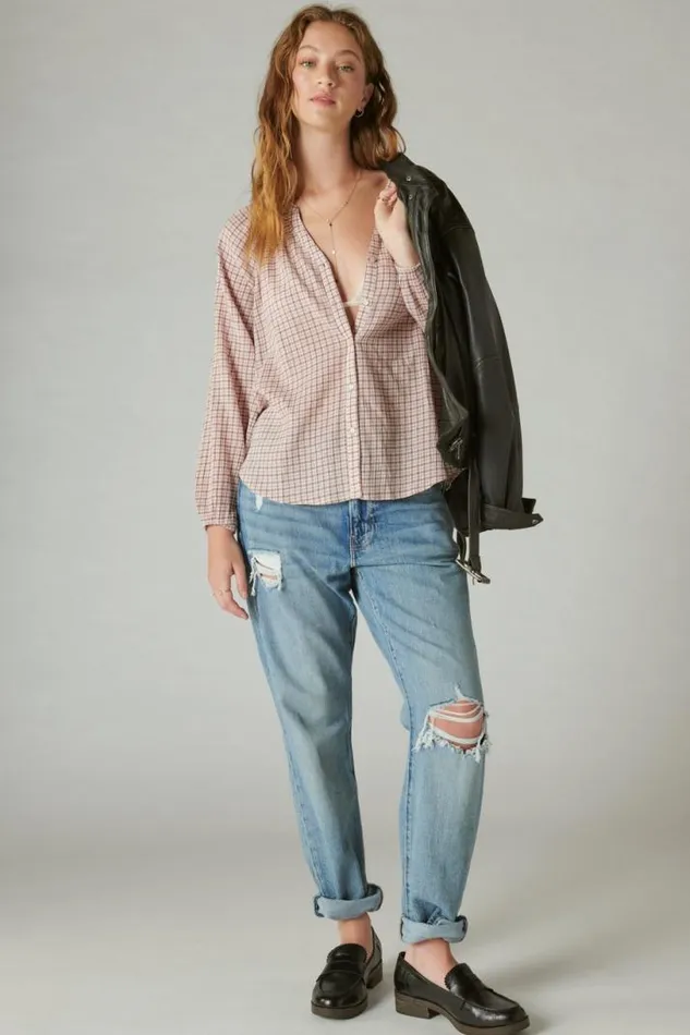 Women Lucky Brand All Tops Relaxed Plaid Open Neckshirt Cream Pink Plaid