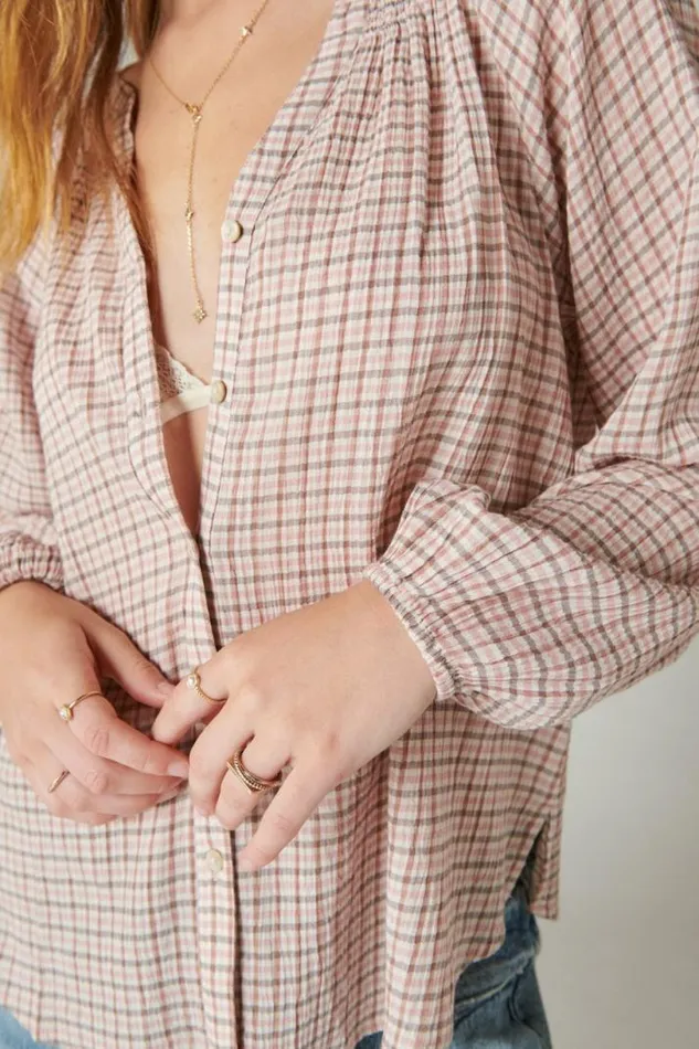 Women Lucky Brand All Tops Relaxed Plaid Open Neckshirt Cream Pink Plaid