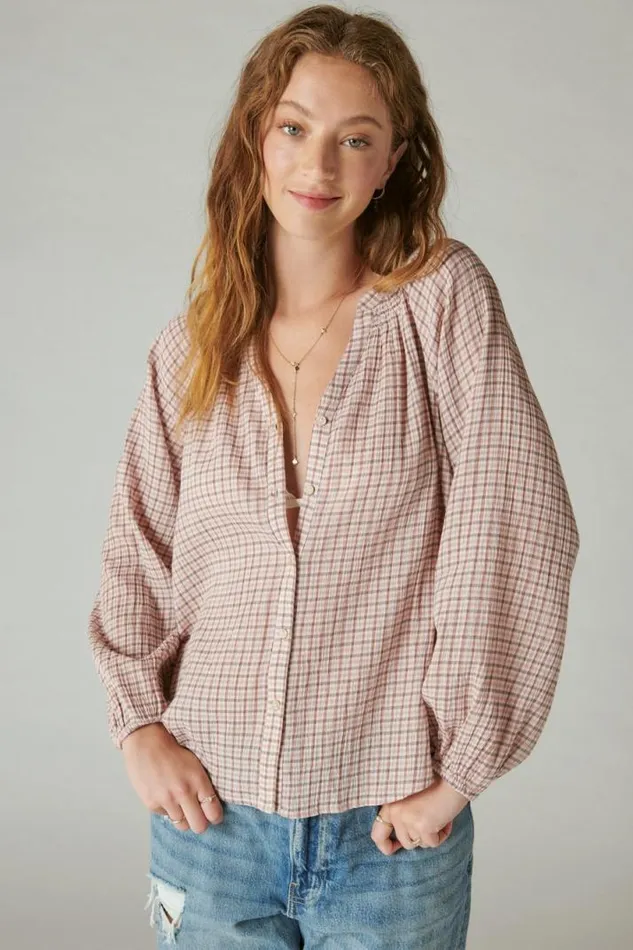 Women Lucky Brand All Tops Relaxed Plaid Open Neckshirt Cream Pink Plaid