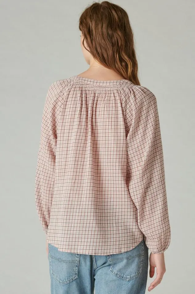 Women Lucky Brand All Tops Relaxed Plaid Open Neckshirt Cream Pink Plaid