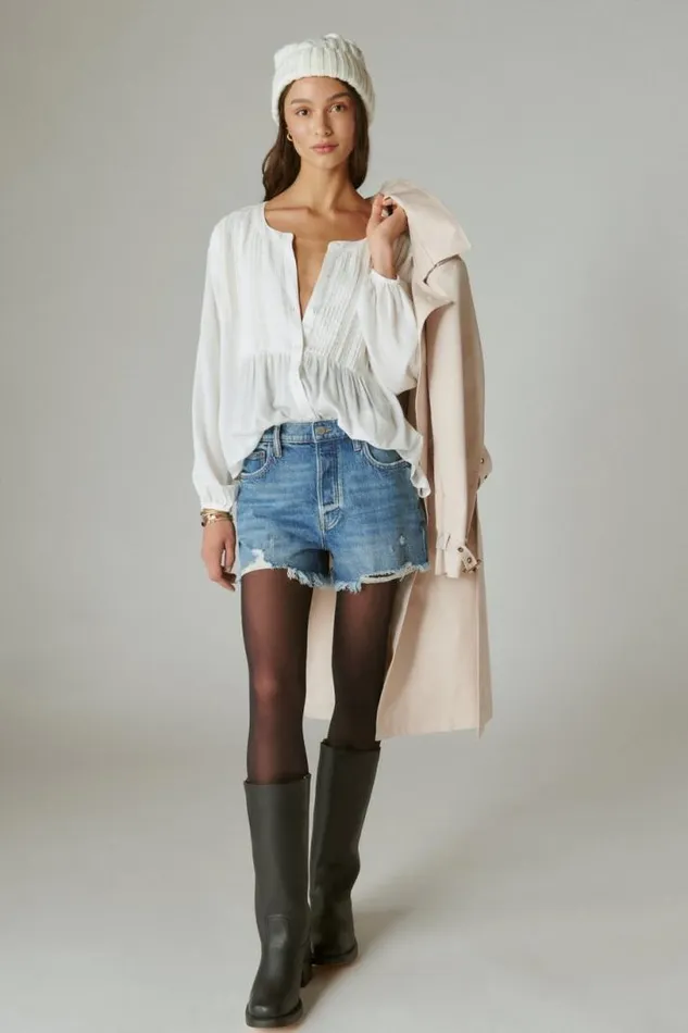 Women Lucky Brand All Tops Textured Pintuck Blouse Whisper White