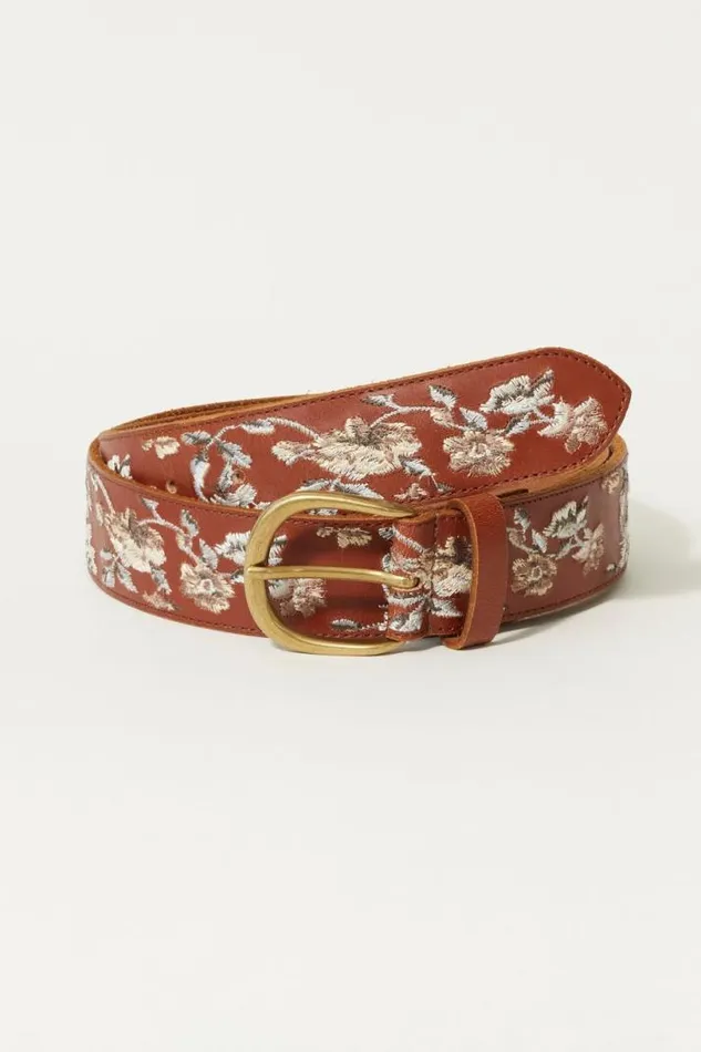 Women Lucky Brand Belts Border Cream Floral Emb Belt Dark Brown